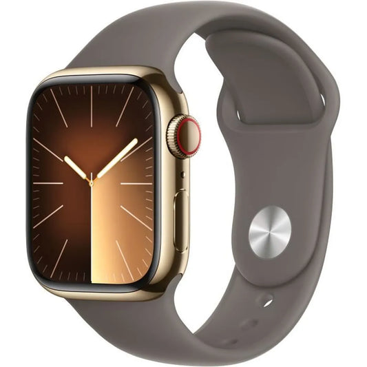 Apple Watch Series 9 GPS + Cellular - 41mm - Boîtier Acier Or - Bracelet Clay Sport Band - M/L